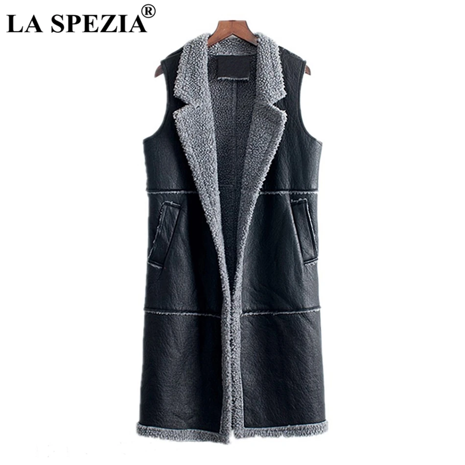 LA SPEZIA Women Long Waistcoat Vest Winter Gray Female Faux Leather Warm Lambswool Fashion Ladies Sleeveless Jackets Black 2019