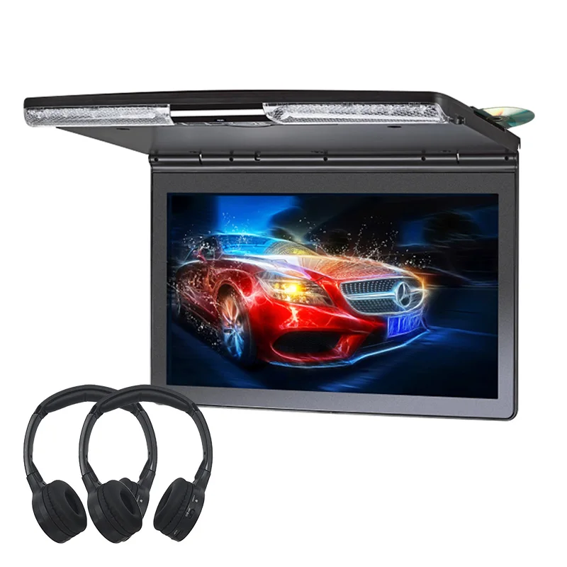 17.3 Inch Car Ceiling Monitor 1920x1080 MP5 Flip Down Roof Mount Car DVD Player with IR FM Transmitter HDMI USB SD Speaker Games - Цвет: with 2 headphones