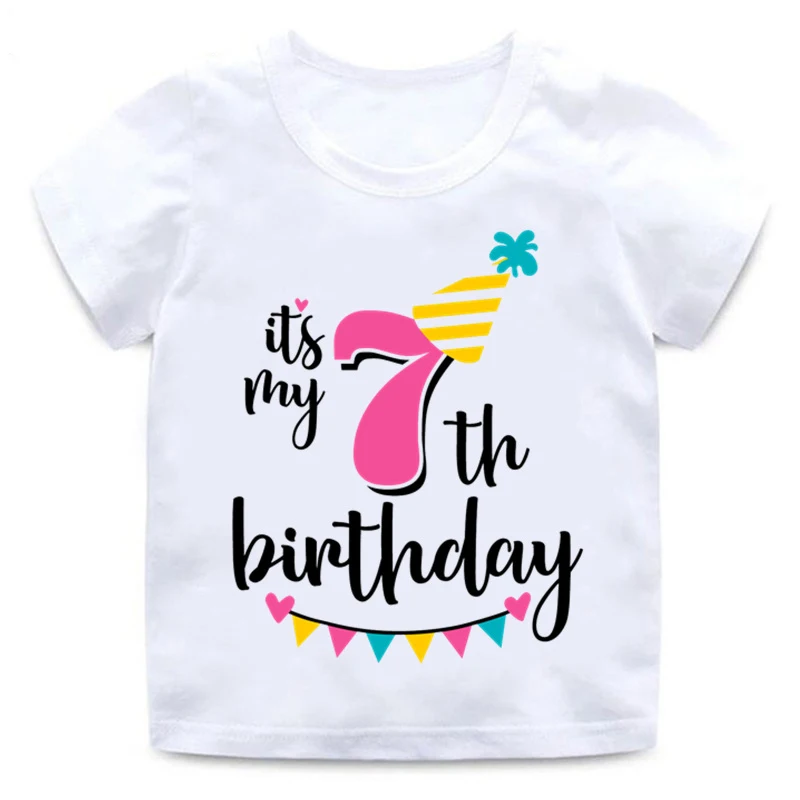 Забавные принты с надписями, футболка с надписью «Happy Birthday Number» для детей 1-8 лет, летние белые топы для маленьких девочек, футболка с номером для дня рождения