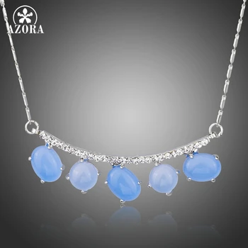 

AZORA Blue Resin Necklace Elegant Copper Clear Austrian Crystals Pendant Necklace White Gold Color Women Style Jewelry TN0215