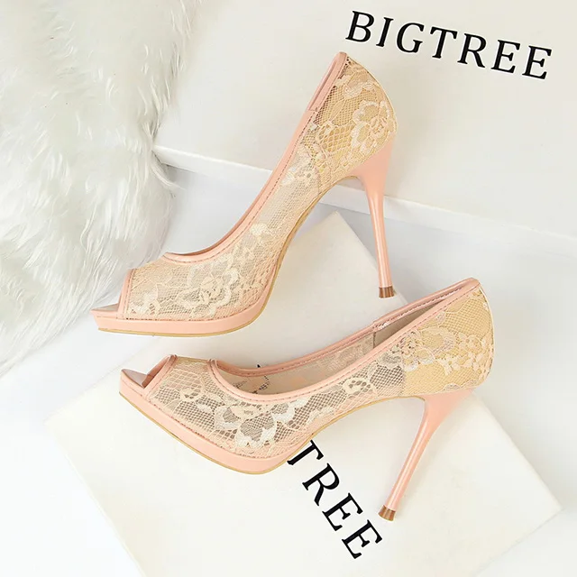 Bigtree/обувь; новые весенние туфли-лодочки; женская модная свадебная обувь на высоком каблуке; женская обувь с открытым носком; обувь для вечеринок на шнуровке; женская обувь на шпильках - Цвет: Розовый