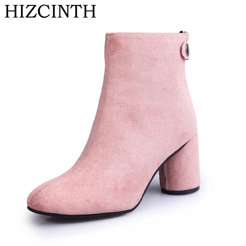 

HIZCINTH 2017 Winter Women's Boots Round Head High Heels Short Boots Pink Color Fashion Ankle Boots Suede Women's Shoes B