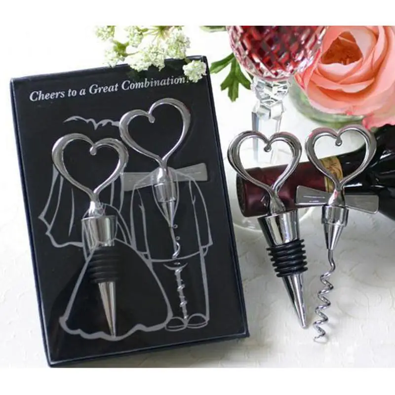 

2pcs/set Love Heart Corkscrew Wine Bottle Opener + Wine Stopper Wedding Gift Favors for guests Bottle Opener