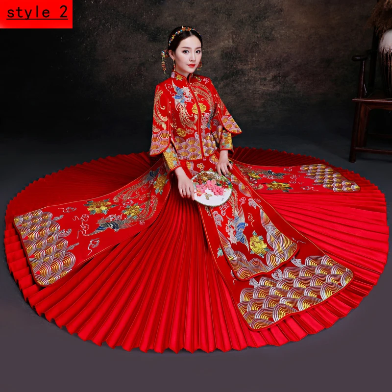 Красный китайский Свадебные Cheongsam традиционный Стиль жениться вечернее платье Вышивка Длинные Qipao Женская Костюмы Размеры S-XXL