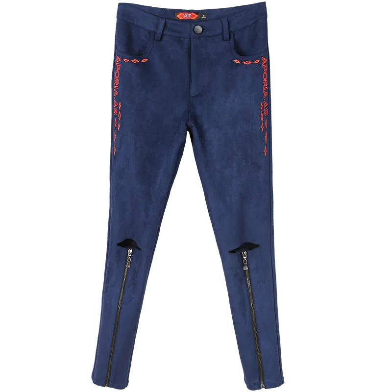 Lápiz 33033 Suede Nueva Retro Femeninos Stretch Agujero Original 2018 Azul Pantalones Primavera Nueve Az4wa