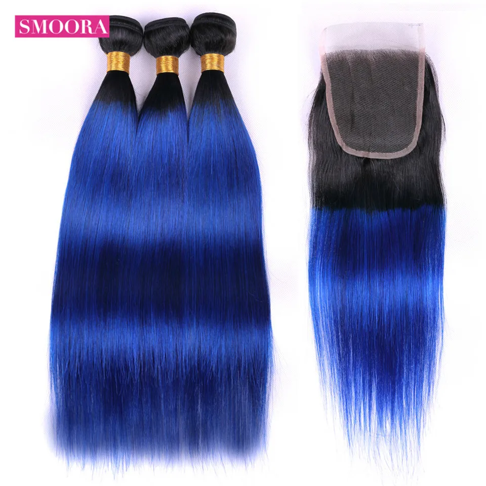 

Smoora Ombre 1B/Blue Brazilian Hair 3 Bundles Straight Non Remy Ombre Human Hair Weave Bundles with Lace Closure 4*4 Free Part