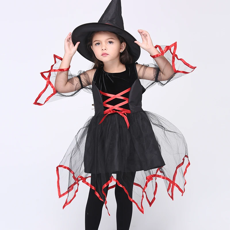 Дети Обувь для девочек черная ведьма Костюмы для косплея Хэллоуин этап Производительность Сетчатое платье Vestido платье-пачка детские