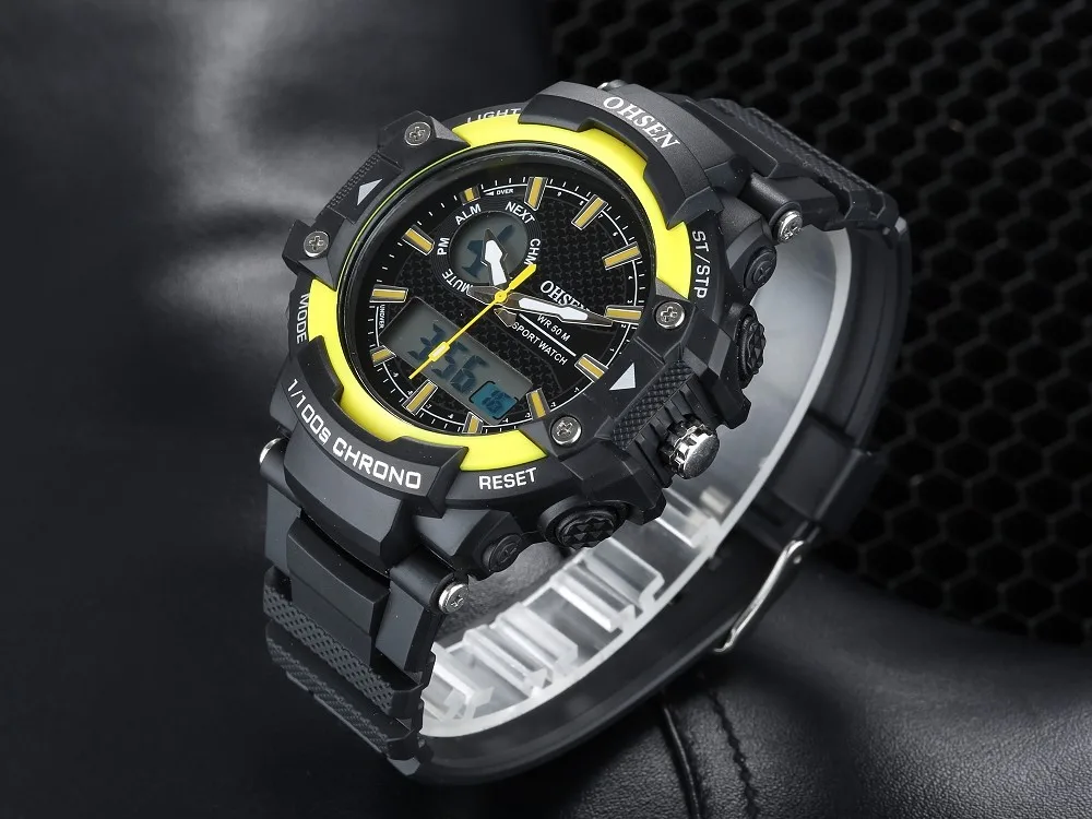 OHSEN Цифровые кварцевые спортивные наручные часы мужские ЖК-Сигнализация 50 м Дайвинг желтый цвет, из силикона модные крутые мужские часы montre homme