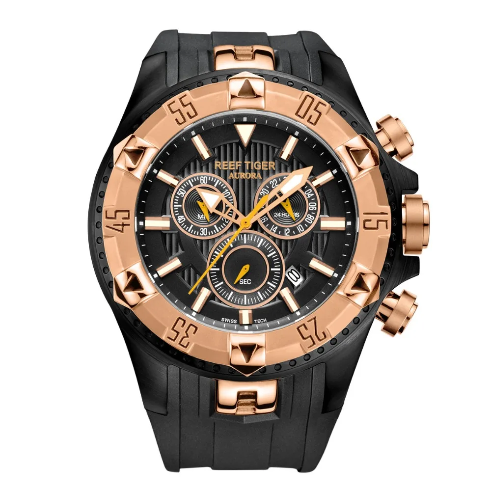 

Reef Tiger/RT Men Sports Watches Quartz Watch with Chronograph and Date Big Dial Black Steel Super Luminous Stop Watch