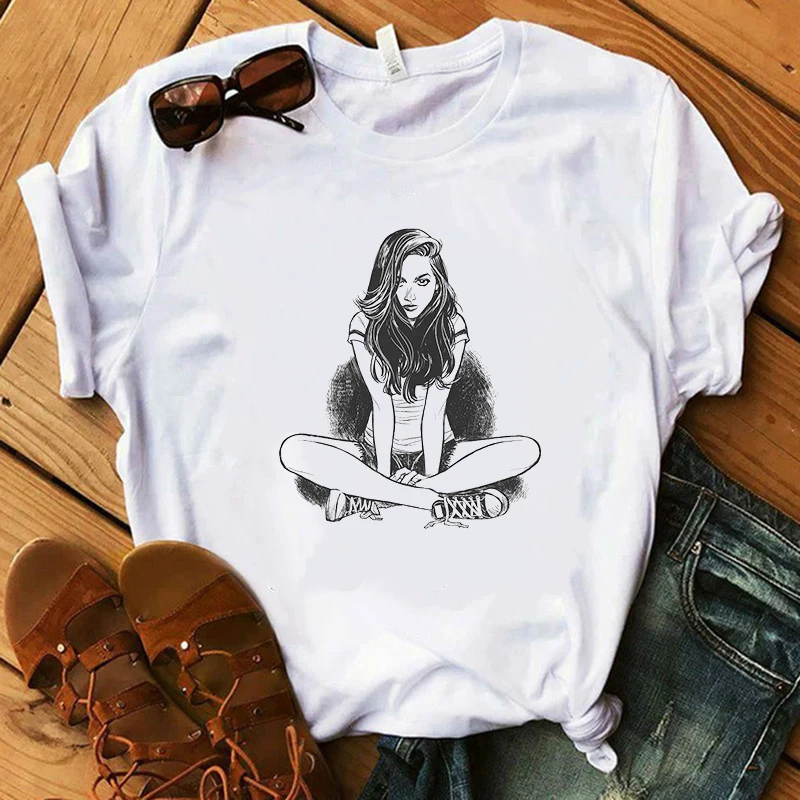 

High quality white female T-shirt 2019 new fashion Harajuku illustration aesthetic Vogue Women T shirt Holiday Girls Top Tees