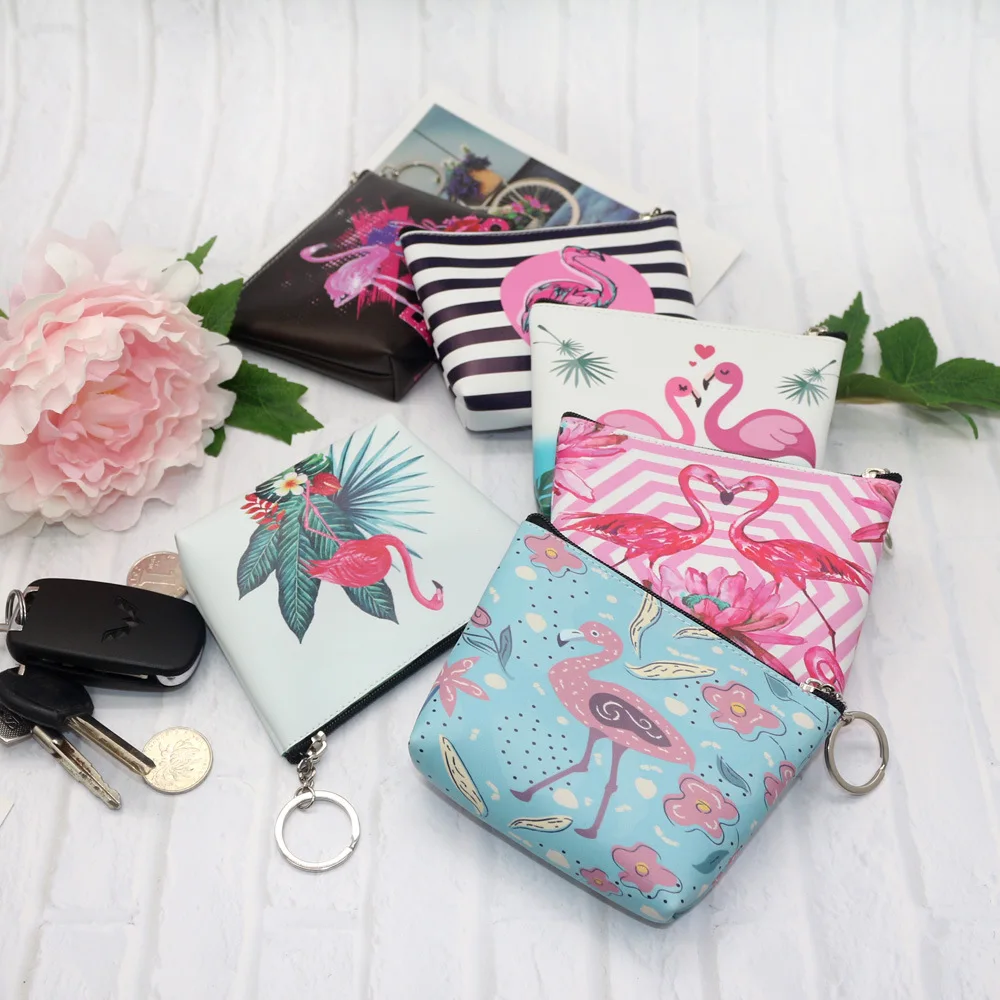 

Hot Sale 12pcs Flamingos Coin Bag PU Purse Pouch Key Pocket Women Wallets Zipper Coin Purse with Key Ring