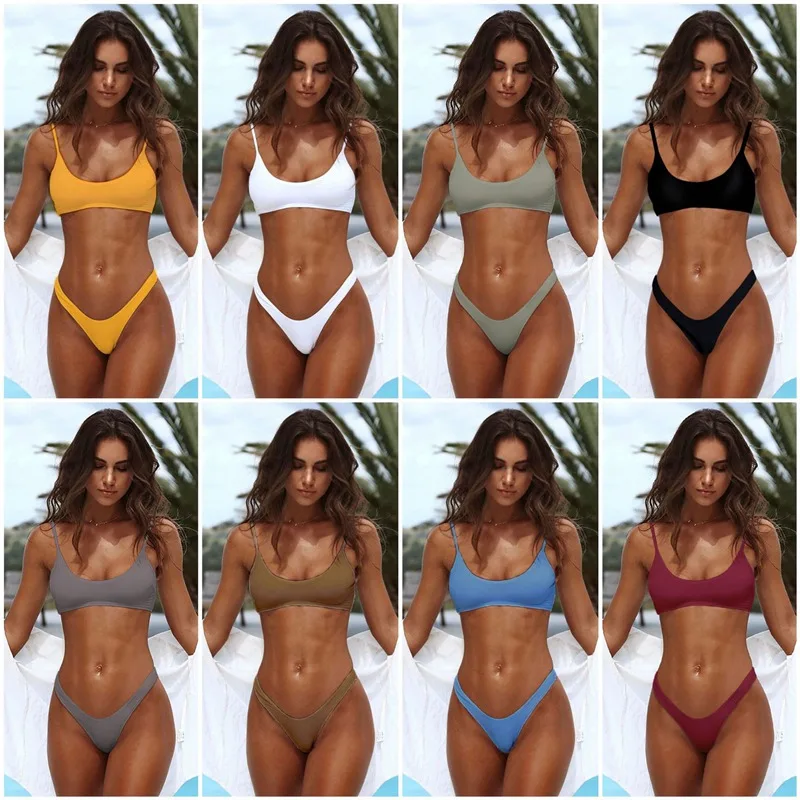 

Sexy Solid Padded Bikini Set Yellow Brazilian High Leg Push Up Swimwear Swimsuit Women Bather Wear For Swimming Low Waist