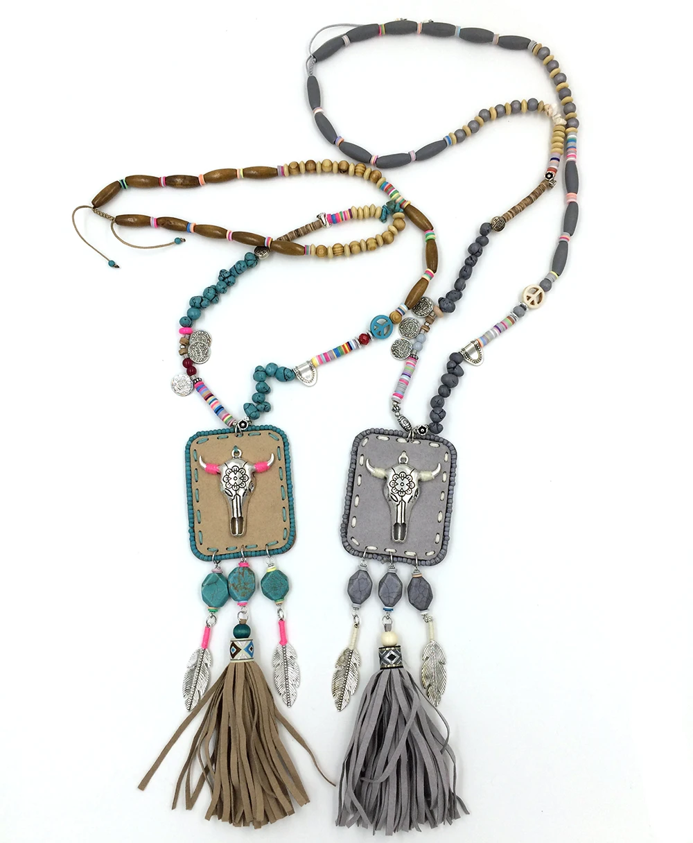 New Bohemia Boho Necklaces Tibeten antique Silver Tauren Taurus Necklaces pink tassel leaf pendant leather back necklaces
