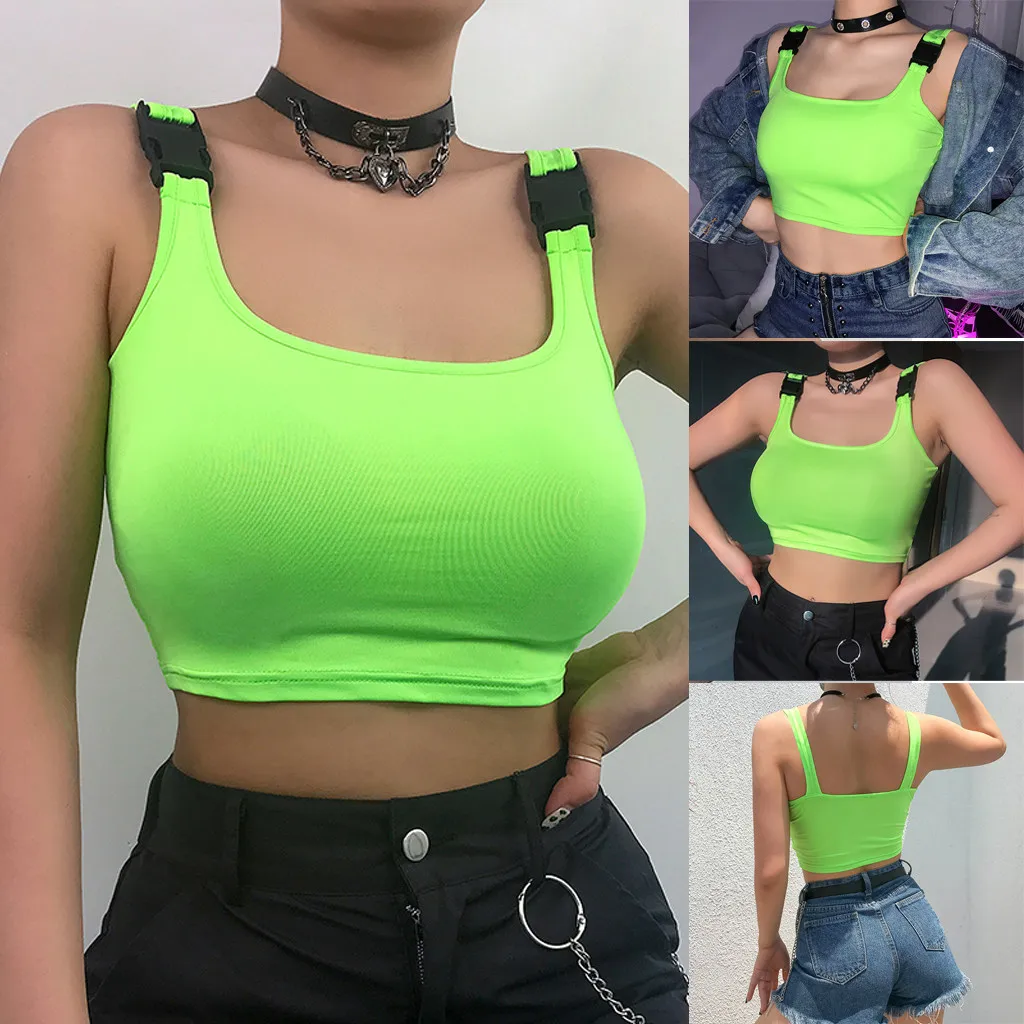 

Girl sexy square neck vest top ladies solid color charming sleeveless strapless buckle crop vest camisetas mujer tirantes