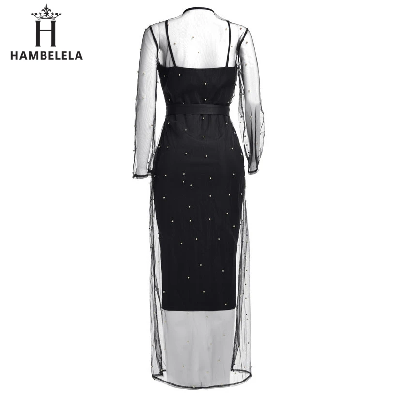 HAMBELELA 2 Piece Set Women Dress Runway Style Elegant Sexy Long Dress 2017 High Street Long Sleeve Mesh Bandage Female Dress (3)
