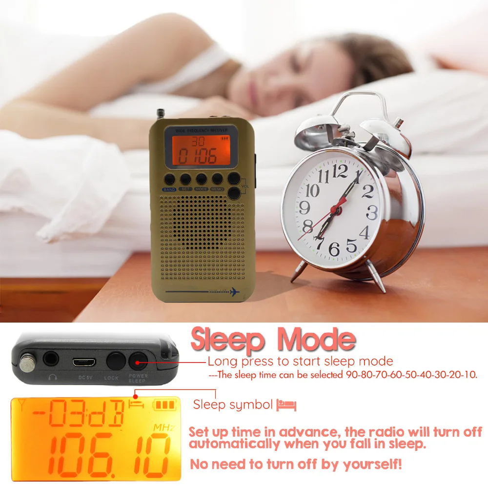 2022 Aircraft FullBand VHF Radio Portable FM AM SW Radio VHF CB 30-223MHZ 25-28MHZ Air 118-138MHZ with Dual Alarm Clock