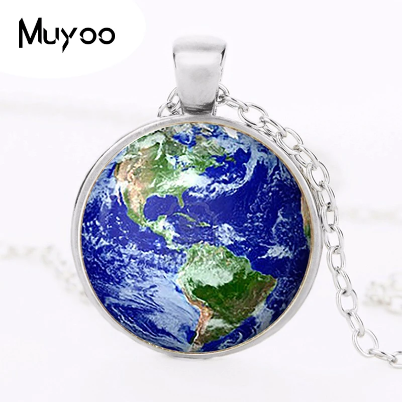 

"Earth Glass Pendant Earth Necklace Earth Jewelry Space Universe Birthday Gift Glass Cabochon Pendant Sliver Plated HZ1