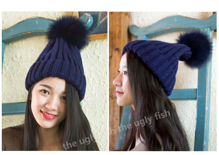 Winter fur pompom hat for women fur hat pom pom hat fur pom poms beanie women bobble hat (18)
