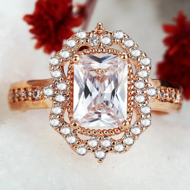Классические большие прямоугольные кольца с кубическим цирконием для женщин цвета розового золота/Серебристые вечерние ювелирные изделия на палец подарок для девочек Прямая поставка