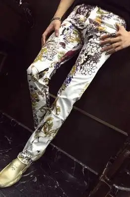 Korean colored drawing print butterfly flower elastic slim male flower pants pants trousers mens top brand