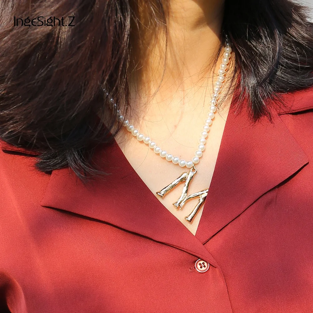 

IngeSight.Z Bohemian Imitation Pearl Choker Necklace Collar Statement Initial Metal M Letter Pendant Necklace for Women Jewelry