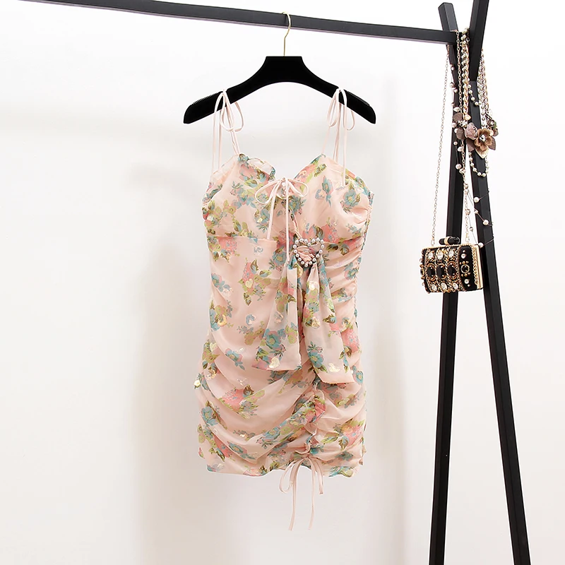 

2019 Sexy Summer Dress Chiffon Sequin Embroidery Print Spaghetti Strap Slim Stringy Selvedge Beach Holiday Mini Dress Vestidos