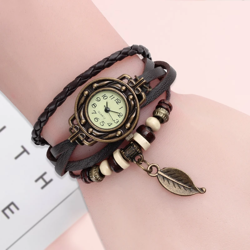 Reloj de Vintage de cuero genuino para mujer, pulsera de cuarzo Multicolor de alta calidad, regalo de hoja, envío gratis en Navidad|bracelet feather|bracelet fittingschristmas shirt - AliExpress