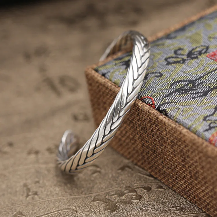 

100% Sterling Silver 925 Weave Cuff Bangle Bracelet Men Women Medium Simple Brief Style Thain Silver 925 Vintage Jewelry Gifts