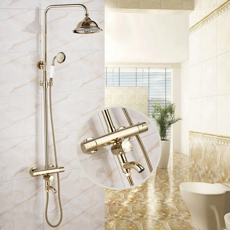 Luxury Gold Finish Bathroom Shower Faucet Thermostatic Control with 8