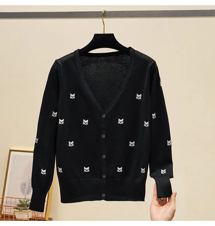 

Baharcelin Embroidery cat Sweater jacket Women Cardigan Knitted Sweater Coat Jumper Crochet Casual V-Neck Woman Cardigans Tops