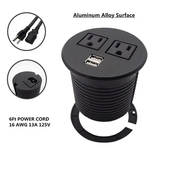 

Aluminum Alloy Surface Data Hub Tap Grommet AC Outlet and 2 X USB Ports with 6 ft Heavy Duty Power Cord 16 AWG 13A 125V