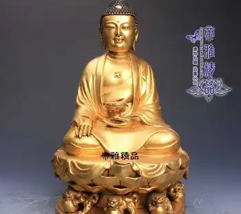 

Tibet Buddhism Copper 24K Gold Gild Foo Dog Lion Amitabha Buddha Rulai Statue