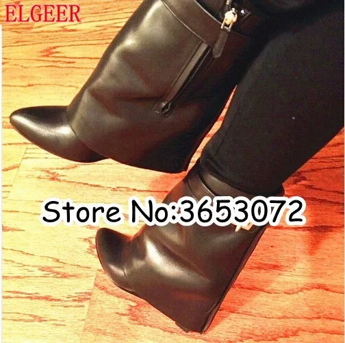Botte Femme Autumn Stylish Fold Over Booties Womens Height Increasing Lock Leather Pants Mid Calf Black Wedge Boots Shoes Woman