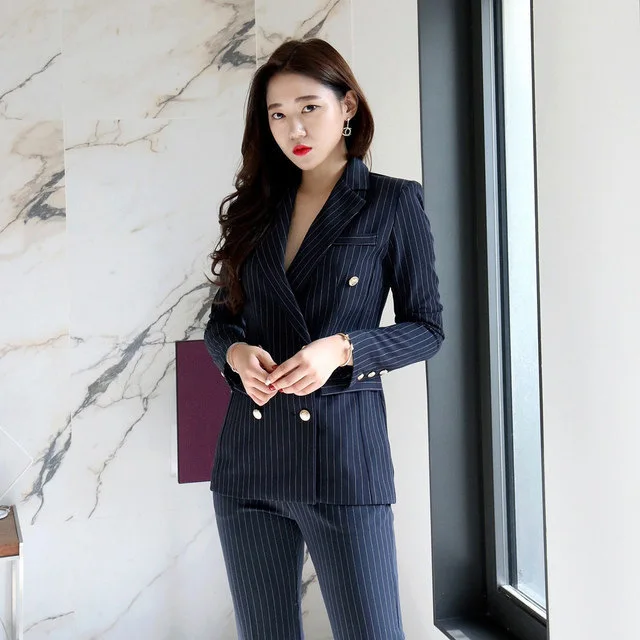 

Women's business suits 2019 casual striped suit jacket female Fashion pants suit Winter double-breasted suit two-piece suit