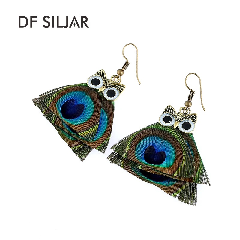 Vintage Bohemia Ethnic Natural Peacock Feather Earrings For Women