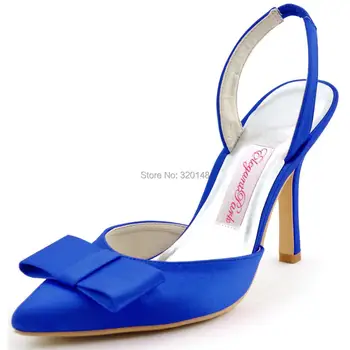 

Summer Shoes Woman Wedding Bridal Blue HC1404 Pointy Bow Slingback High Heel Pumps Satin Bride Prom Party dress Sandals size 5