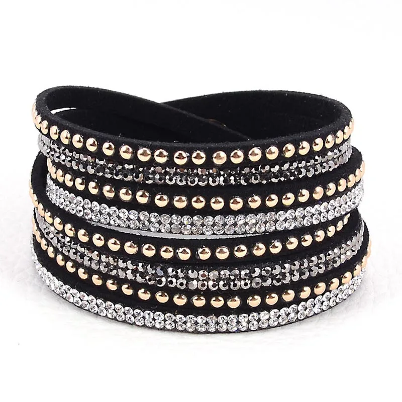Double Wrap Leather Pave Crystal Bling Bracelets Wrapped Rhinestone