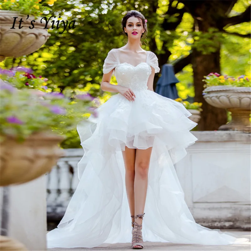 

It's YiiYa Prom Dress Beading Appliques Lace White Wedding Formal Dresses Off Shoulder Tiered Design Train Paty Gown E167