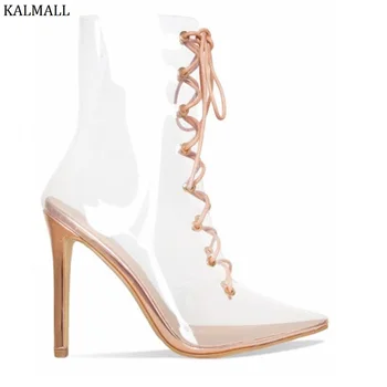 

KALMALL Rome Style Cross-tied Women Ankle Boots Transparent PVC Pointed Toe Short Boots Sexy Stiletto High Heels Women Rainboots