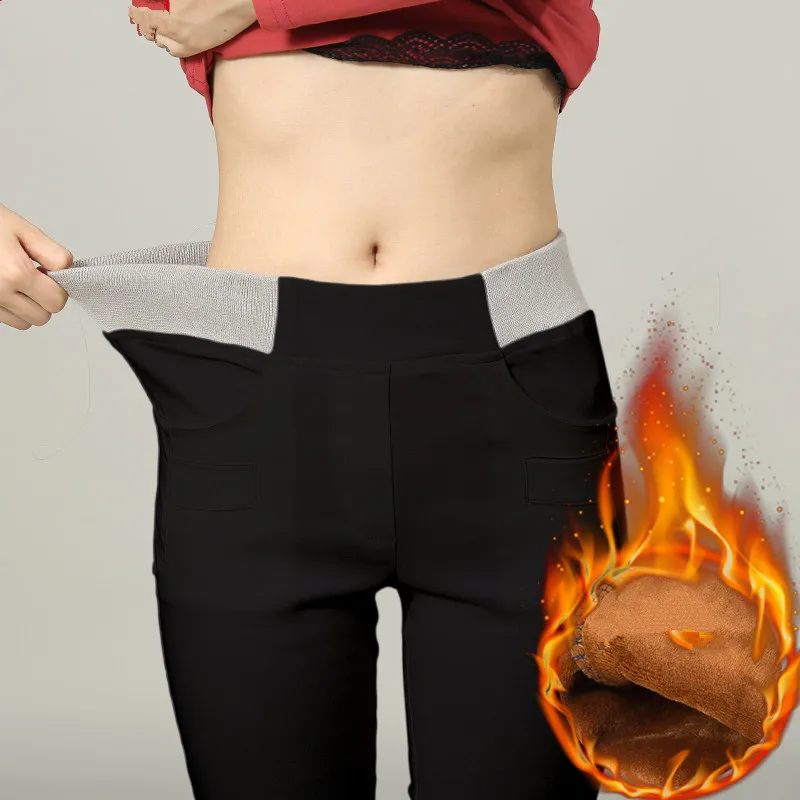 Baratos Plus tamaño 6XL polainas de las mujeres de otoño e invierno, además de terciopelo Legging cintura elástica pantalones Leggins Leggings delgadas C3819