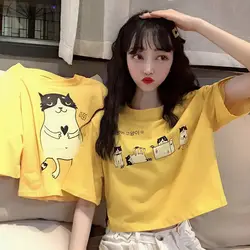 Корейский kawaii мультфильм печати Футболка harajuku короткий рукав укороченный Топ для женщин Свободная рубашка 90 s девочек Базовая желтая