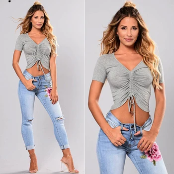 

2018 Long Jeans Women Basic Classic High Waist Skinny Pencil Blue Denim Pants embroidery Elastic Stretch hole ripped Jeans