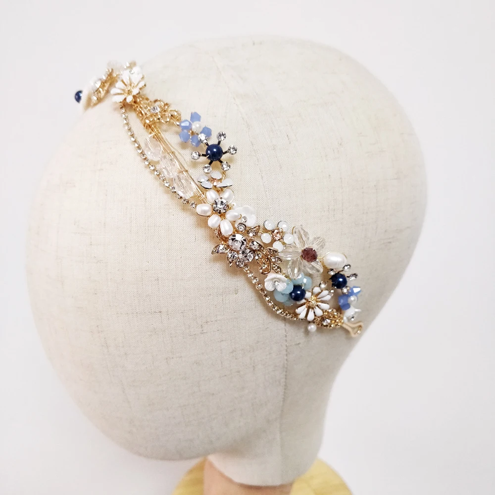 Blue Flower Bridal Headband Handmade Crystal Wedding Headpiece Prom Hair Jewelry