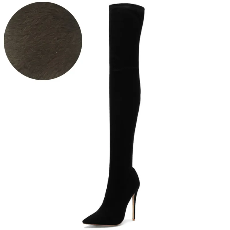Mcacchi/Новые осенне-зимние модные сапоги выше колена пикантная обувь с острым носком на высоком каблуке 12 см женские сапоги большие размеры 34-45 - Цвет: Black Flock