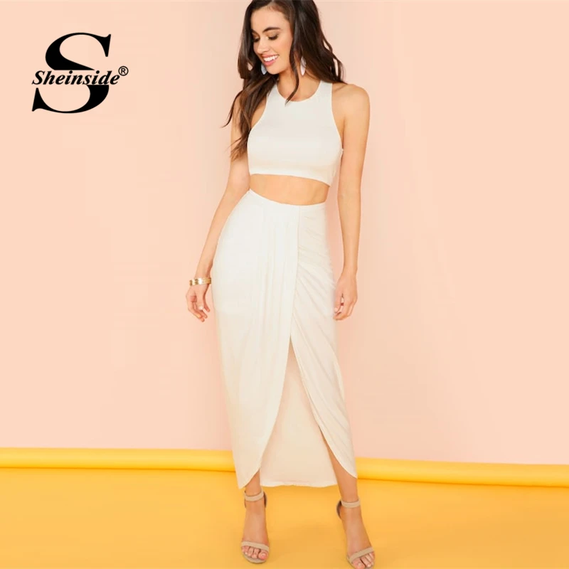 

Sheinside White Crop Tank Top with Draped Skirt Women Casual 2 Piece Set 2019 Summer Elegant Asymmetrical Hem Skirt 2 Piece Set