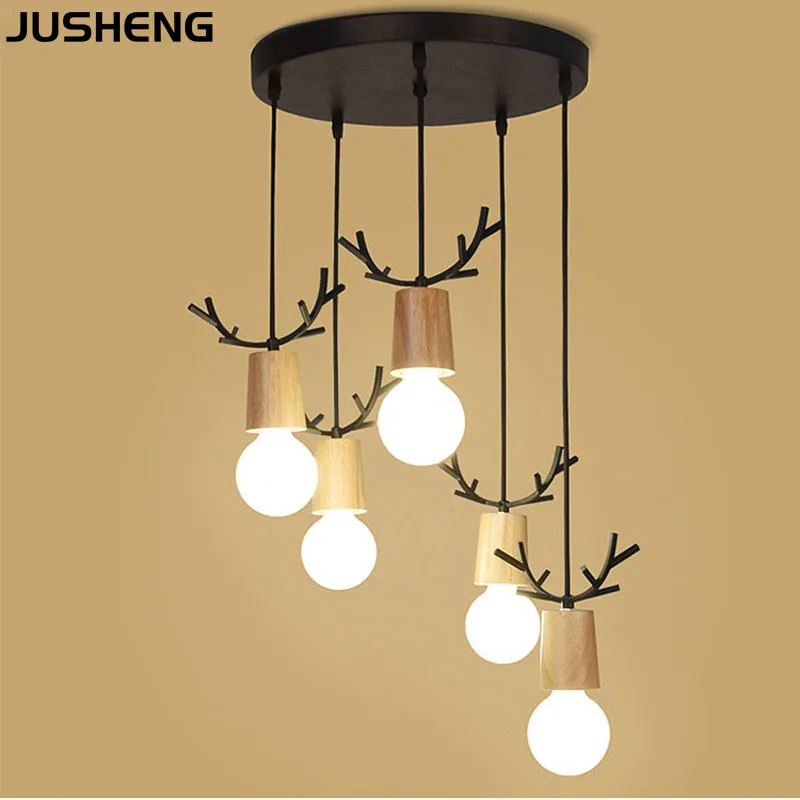 JUSHENG Modern Wood Pendant Light Iron Minimalist Retro Loft 1/3/5 Heads Pendant Lamp Metal Hanging Lamp E27 Indoor