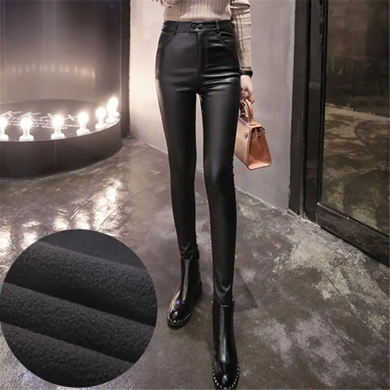 

Plus Size 3XL Women Leather Pantalon Femme High Waist Micro Stretch Jeggings Pencil Pants Black Fleece Lined Leggings Trousers