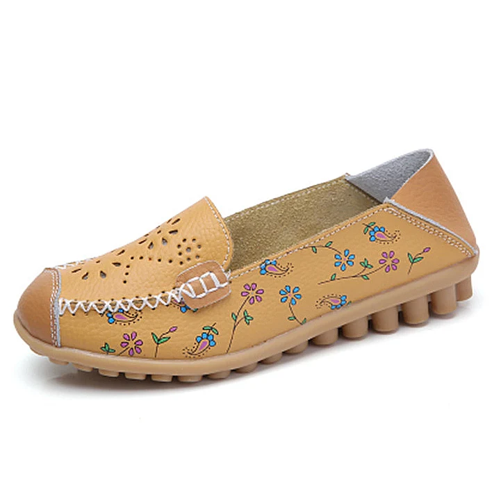 Plardin/летние женские туфли из натуральной кожи с вырезами; удобные повседневные балетки на плоской подошве с вышивкой и аппликацией; большие размеры 35-43 - Цвет: yellow