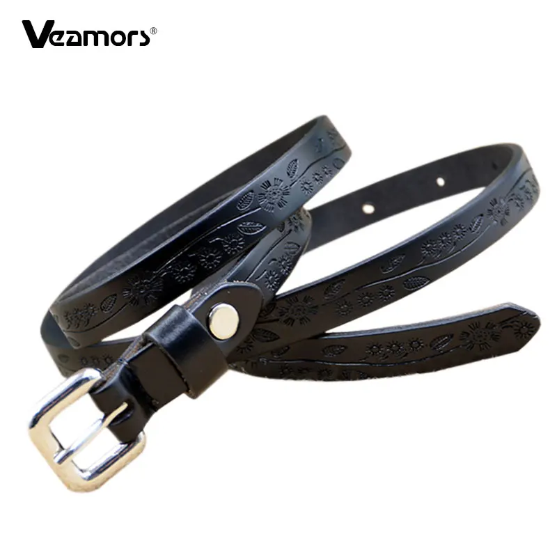 

VEAMORS Fashion Carved Strap Fine Embossed For Women's Thin Cowhide Belt , 98cm*1.2cm Girl's Casual Jeans Cowskin Belts