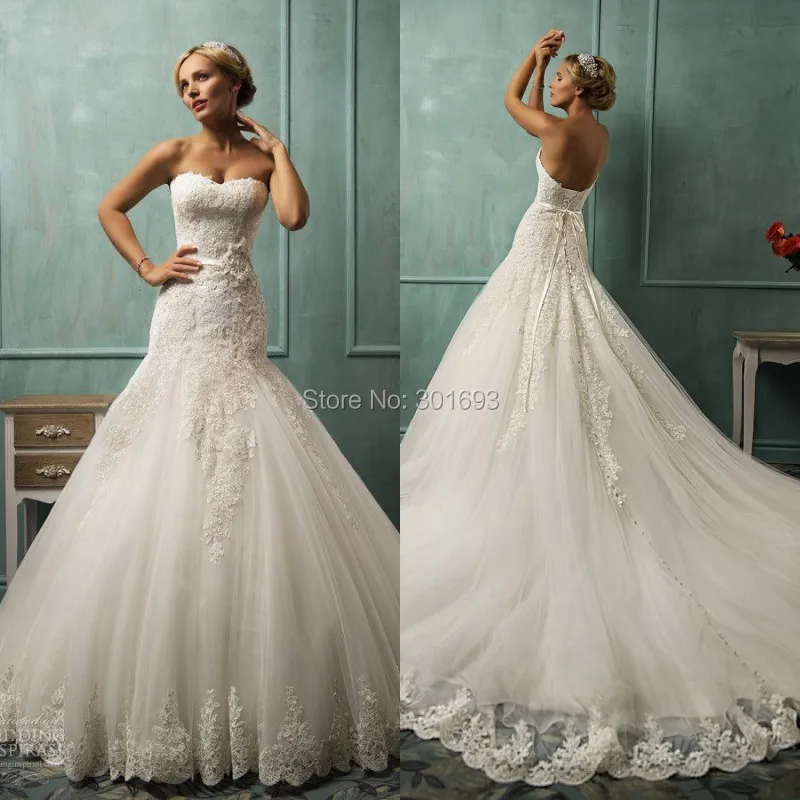 Ow73 New Model Trumpet Mermaid Lace Appliques Long Catherdral